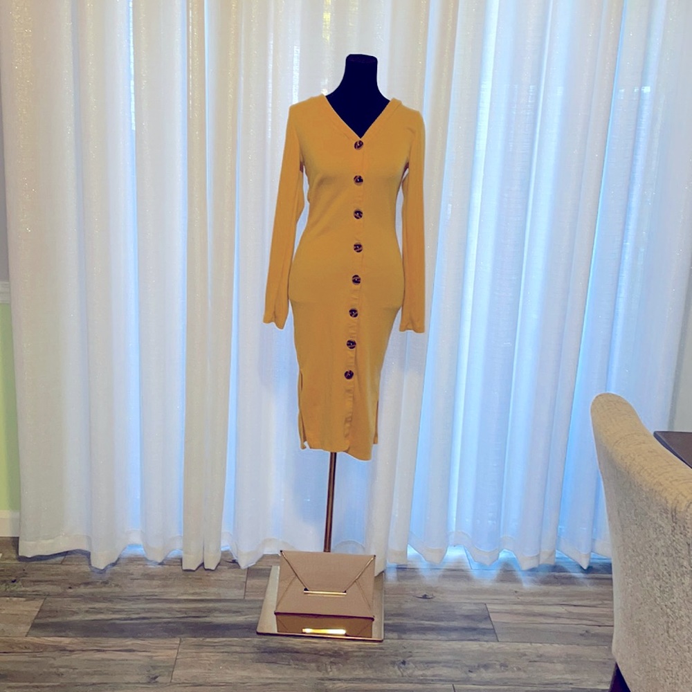 Mustard Sweater Cardigan Dress Brown Buttons